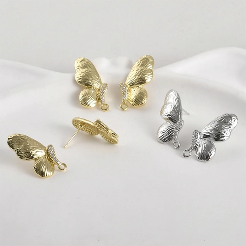 Componenti per Orecchini a Bottone Ali di Farfalla Con Perno in Argento Placcato Oro 14K Zirconia Intarsiato DIY Gioielli