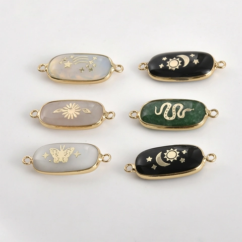 Natural Stone Oval Jewelry Connectors Gold Plated Copper Celestial Star Moon Butterfly Snake DIY Charms For Jewelry Making