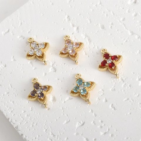 Gold Plated Copper Crystal Flower Double Loop Connector Charm For DIY Jewelry Making Bracelet Necklace Clover Finding
