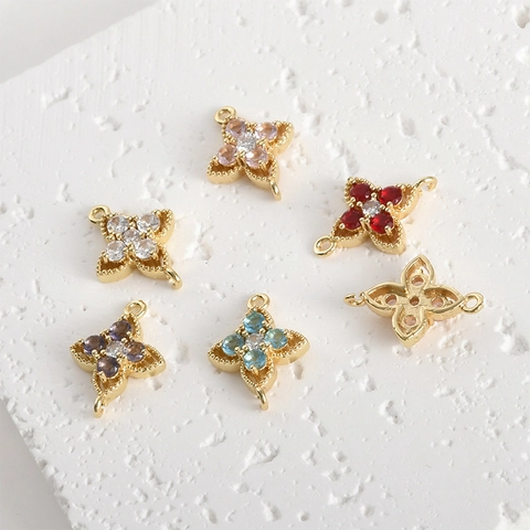 Gold Plated Copper Crystal Flower Double Loop Connector Charm For DIY Jewelry Making Bracelet Necklace Clover Finding