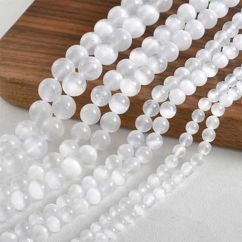 Natural Selenite Calcite Round Beads Cat Eye Effect White Stone Loose Beads For DIY Jewelry Making Bracelet Necklace Accessories