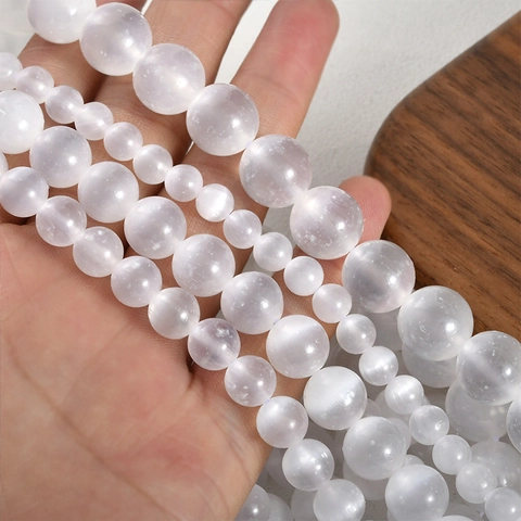 Natural Selenite Calcite Round Beads Cat Eye Effect White Stone Loose Beads For DIY Jewelry Making Bracelet Necklace Accessories