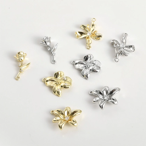 14K Gold Plated Copper Zirconia Flower Charms For DIY Jewelry Making Rose Tulip Lily Pendants Necklace Bracelet Components