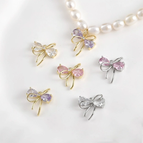 14K Gold Plated Copper Bow Knot Pendant With Zirconia For DIY Necklace Bracelet Earring Jewelry Making Accessory
