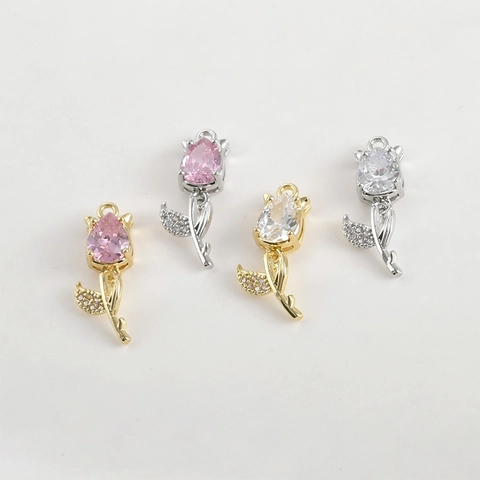 Ciondolo a Forma di Tulipano Solo (Senza Catena) Placcato Oro 14k Rame Zirconia DIY Accessori per Gioielli Collana