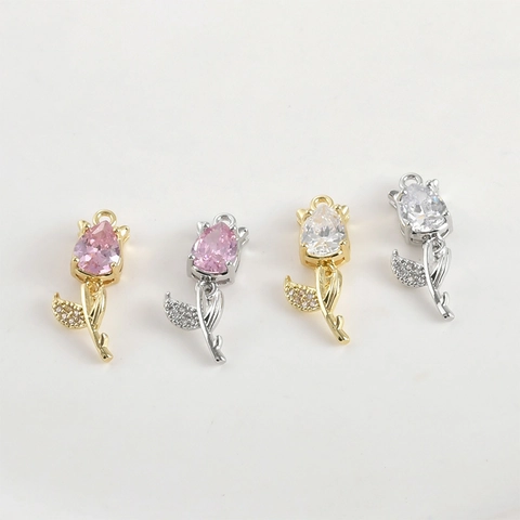Ciondolo a Forma di Tulipano Solo (Senza Catena) Placcato Oro 14k Rame Zirconia DIY Accessori per Gioielli Collana