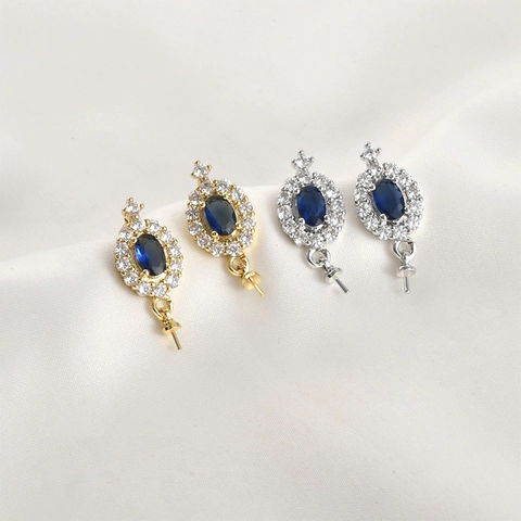 Orecchini a Bottone Ovali in Zircone Blu in Rame Placcato Oro 14k Con Perno d'Argento per Accessori Creazione Gioielli DIY
