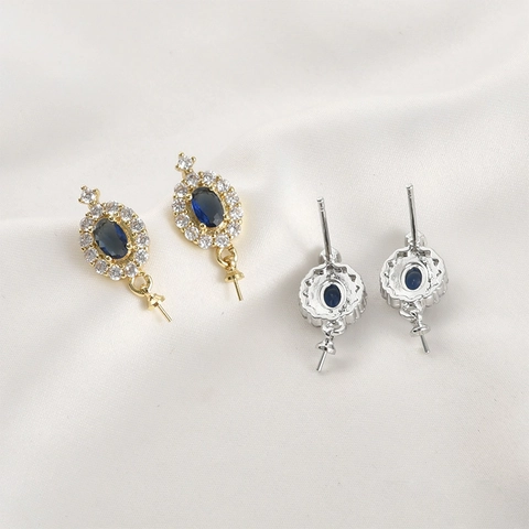 Orecchini a Bottone Ovali in Zircone Blu in Rame Placcato Oro 14k Con Perno d'Argento per Accessori Creazione Gioielli DIY