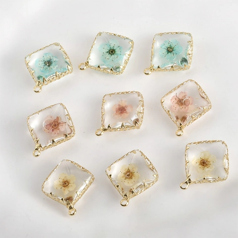 14K Gold Plated Copper Square Pressed Dried Flower Pendant For DIY Jewelry Making Necklace Bracelet Earrings Accessory