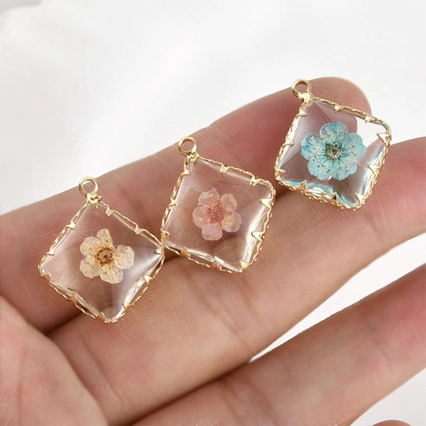 14K Gold Plated Copper Square Pressed Dried Flower Pendant For DIY Jewelry Making Necklace Bracelet Earrings Accessory