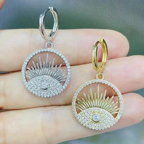 European Evil Eye Jewelry Set Copper Zircon Sunburst Pendant Necklace Round Drop Hoop Earrings For Women Fashion Jewelry