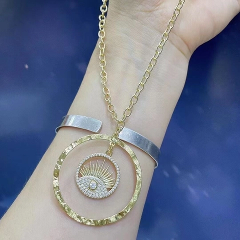 European Evil Eye Jewelry Set Copper Zircon Sunburst Pendant Necklace Round Drop Hoop Earrings For Women Fashion Jewelry