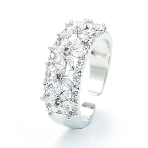 Anillo Abierto de Flor de Cobre con Zirconia Cúbica para Mujer Ajustable Chapado en Oro Plata Joyería Floral para Dedo
