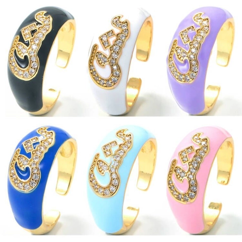 Colorful Enamel Copper Ring For Women Men Zirconia Inlaid Adjustable Open Finger Ring Geometric Symbols Arabic Allah Om Jewelry