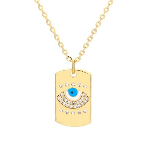 Collar de Colgante Rectangular de Ojo Turco de Cobre y Circonia Chapado en Oro Cadena Geométrica Dog Tag Para Mujer Joyería