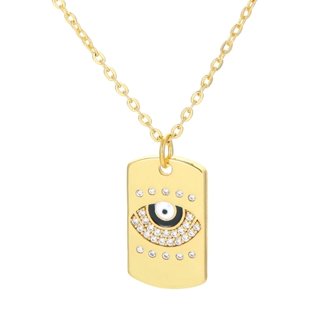 Collar de Colgante Rectangular de Ojo Turco de Cobre y Circonia Chapado en Oro Cadena Geométrica Dog Tag Para Mujer Joyería