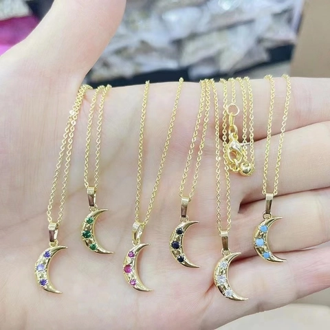 Collar con Colgante de Media Luna de Cobre Bañado en Oro Pendientes de Aro con Estrella y Luna de Circonia de Colores Joyas para Mujer