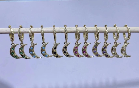 Collar con Colgante de Media Luna de Cobre Bañado en Oro Pendientes de Aro con Estrella y Luna de Circonia de Colores Joyas para Mujer