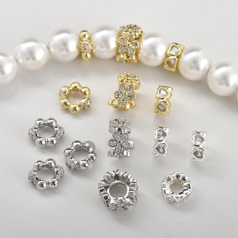 Copper Gold Silver Plated Heart Flower Round Zircon Spacer Beads For DIY Bracelet Necklace Jewelry Making Handicraft Supplies