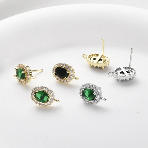 Oval Emerald Black Zirconia Earring Findings DIY Handmade Jewelry Parts With 925 Sterling Silver Earring Post Copper Halo Components