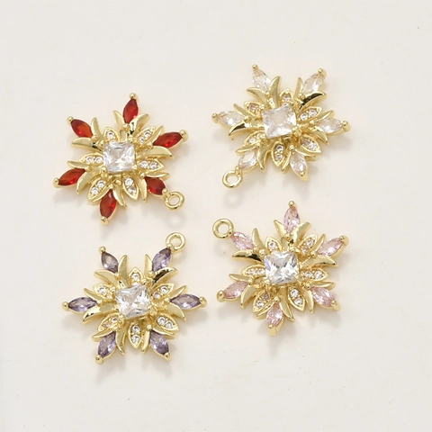14K Gold Plated Copper Snowflake Pendant Colored Zirconia Christmas Snowflake Charms For DIY Necklace Earrings Jewelry Making
