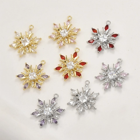 14K Gold Plated Copper Snowflake Pendant Colored Zirconia Christmas Snowflake Charms For DIY Necklace Earrings Jewelry Making