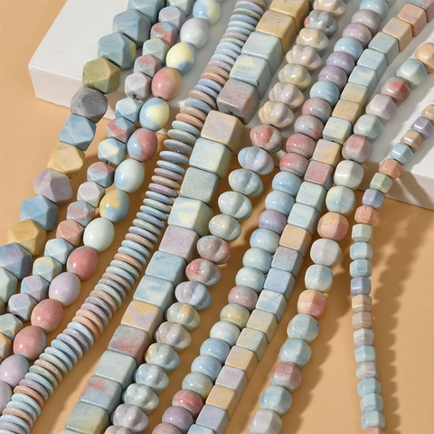 Natural Rainbow Stone Loose Beads For DIY Jewelry Making Mixed Macaron Color Lantern Pumpkin Square Beads For Bracelet Necklace