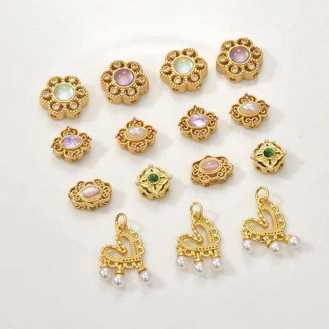 Vintage Gold Plated Copper DIY Jewelry Charms With Synthetic Artificial Pearl Cat Eye Stone Snowflake Heart Ruyi Shapes For Jewelry Making
