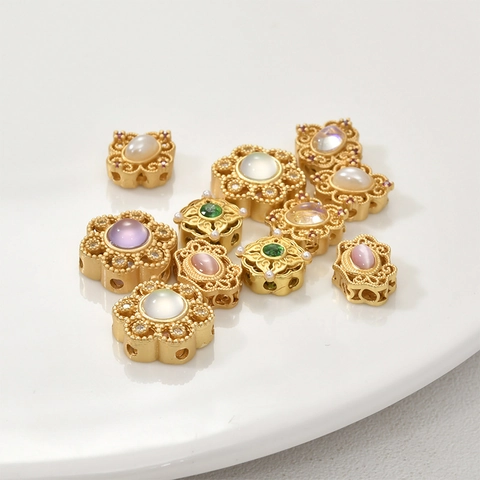 Vintage Gold Plated Copper DIY Jewelry Charms With Synthetic Artificial Pearl Cat Eye Stone Snowflake Heart Ruyi Shapes For Jewelry Making