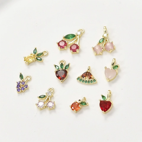 14k Gold Plated Copper Zirconia Fruit Pendants Charms For DIY Necklace Bracelet Earrings Making Strawberry Cherry Grape Watermelon Pineapple Charms