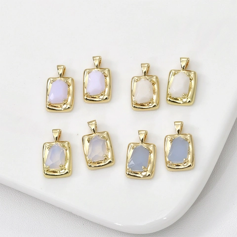 Vintage Copper 14k Gold Plated Rectangular Pendant Artificial Opal Rhinestone Charms For DIY Necklace Jewelry Making Accessory