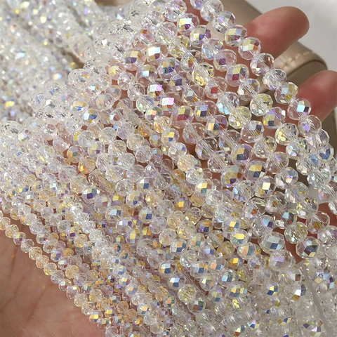 Faceted Glass Crystal Beads AB Aurora Coating Clear Flat Round Loose Beads For DIY Jewelry Making Bracelet Necklace Accessories