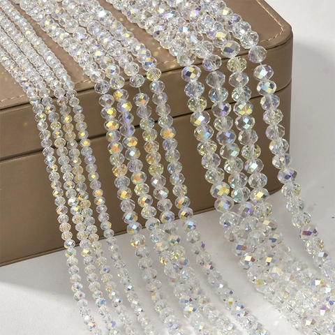 Faceted Glass Crystal Beads AB Aurora Coating Clear Flat Round Loose Beads For DIY Jewelry Making Bracelet Necklace Accessories