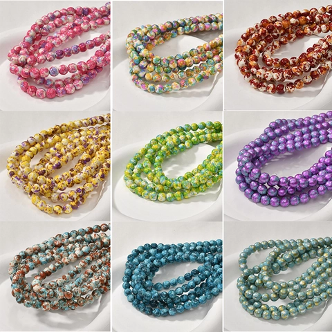 Oil Painting Style Synthetic Turquoise Round Loose Beads Strand Marble Texture For DIY Jewelry Making Bracelet Necklace