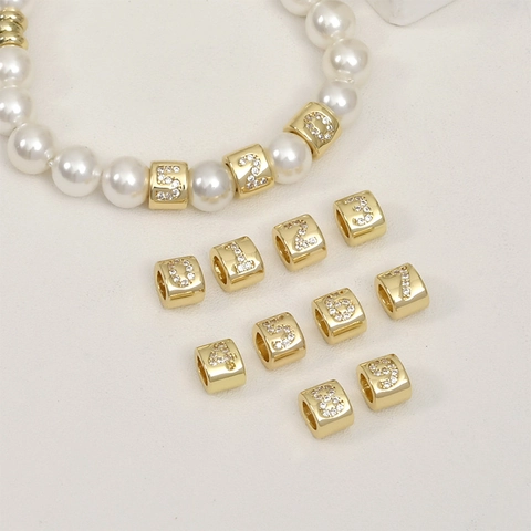 Perline Distanziatrici Digitali con Numeri 0-9 in Rame Placcato Oro 14K con Zirconia Foro Grande per Fai da Te Braccialetti Collane Donna