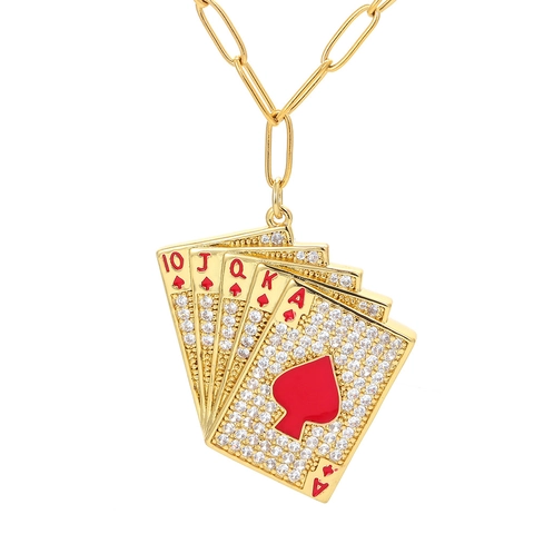 Zirconia Poker Pendant Necklace Copper Royal Flush Spades Hearts Paperclip Chain Hip Hop Jewelry For Women Gift