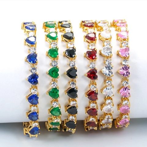 Bracciale in Rame con Cuore in Zirconia Placcato Oro Argento Arcobaleno Colorato Tennis Braccialetto Gioielli Regalo per Donna