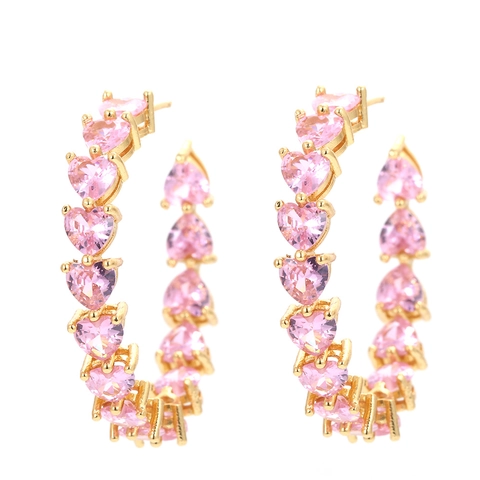 Pendientes de Aro en C con Circonia Rosa Corazón Estilo Coreano de Cobre Micro-Incrustado Vintage Bañado en Oro 18K Joyería Mujer