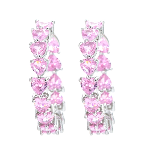 Pendientes de Aro en C con Circonia Rosa Corazón Estilo Coreano de Cobre Micro-Incrustado Vintage Bañado en Oro 18K Joyería Mujer