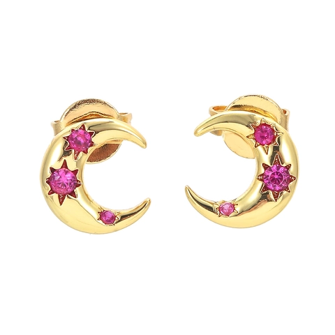 Vintage Copper Crescent Moon Stud Earrings Colorful Zirconia Inlaid Star Moon Earrings Electroplated Jewelry For Women