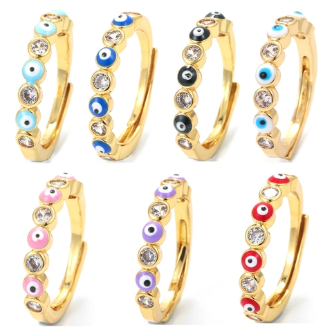 Punk Colorful Enamel Evil Eye Open Adjustable Ring For Men Women Gold Plated Copper Zirconia Fashion Finger Ring Jewelry