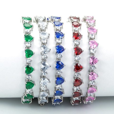 Bracciale in Rame con Cuore in Zirconia Placcato Oro Argento Arcobaleno Colorato Tennis Braccialetto Gioielli Regalo per Donna