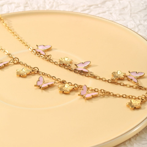 18K Gold Plated Stainless Steel Butterfly Plum Blossom Necklace Sweet Fairy Style Pink Butterfly Pendant Necklace For Women Jewelry