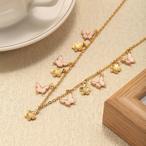 18K Gold Plated Stainless Steel Butterfly Plum Blossom Necklace Sweet Fairy Style Pink Butterfly Pendant Necklace For Women Jewelry