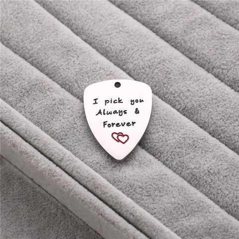 Stainless Steel Guitar Pick Pendant Heart Letter Pattern I Pick You Always Forever Charm For Necklace Keychain Valentine Gift