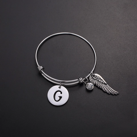 Bracciale in Filo di Acciaio al Titanio Donna Con Ciondolo Iniziale Ala Strass Braccialetto Regolabile Semplice alla Moda Gioielli
