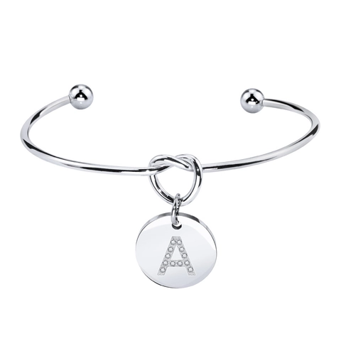 Bracciale Rigido Aperto in Acciaio Inossidabile Con Nodo per Donna Ciondolo Rotondo Con Lettera Iniziale in Strass Gioielli Lucidi