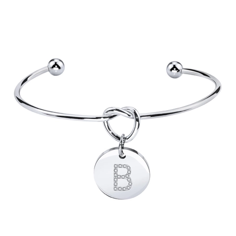 Bracciale Rigido Aperto in Acciaio Inossidabile Con Nodo per Donna Ciondolo Rotondo Con Lettera Iniziale in Strass Gioielli Lucidi