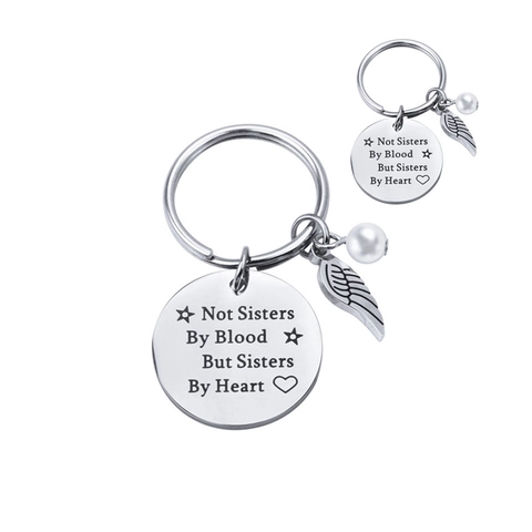 Porte-clés en Acier Inoxydable pour Femmes Amis Message de Coeur Gravé Aile Künstliche Perle Pendentif Bijoux de Mode Cadeau d'Amitié