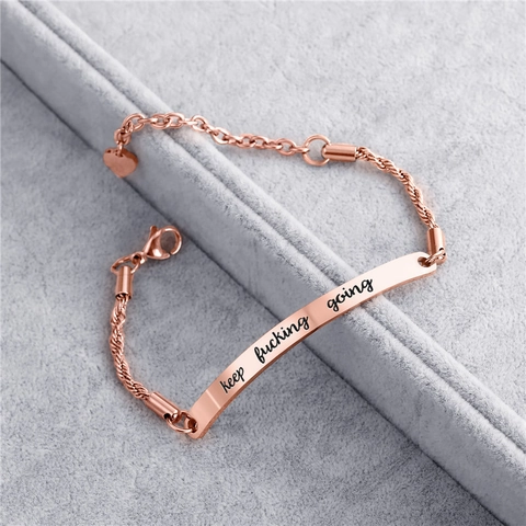 Stainless Steel Curved Bar Bracelet Engraved Keep Fucking Going Minimalist Rope Chain Heart Charm Adjustable Jewelry Women